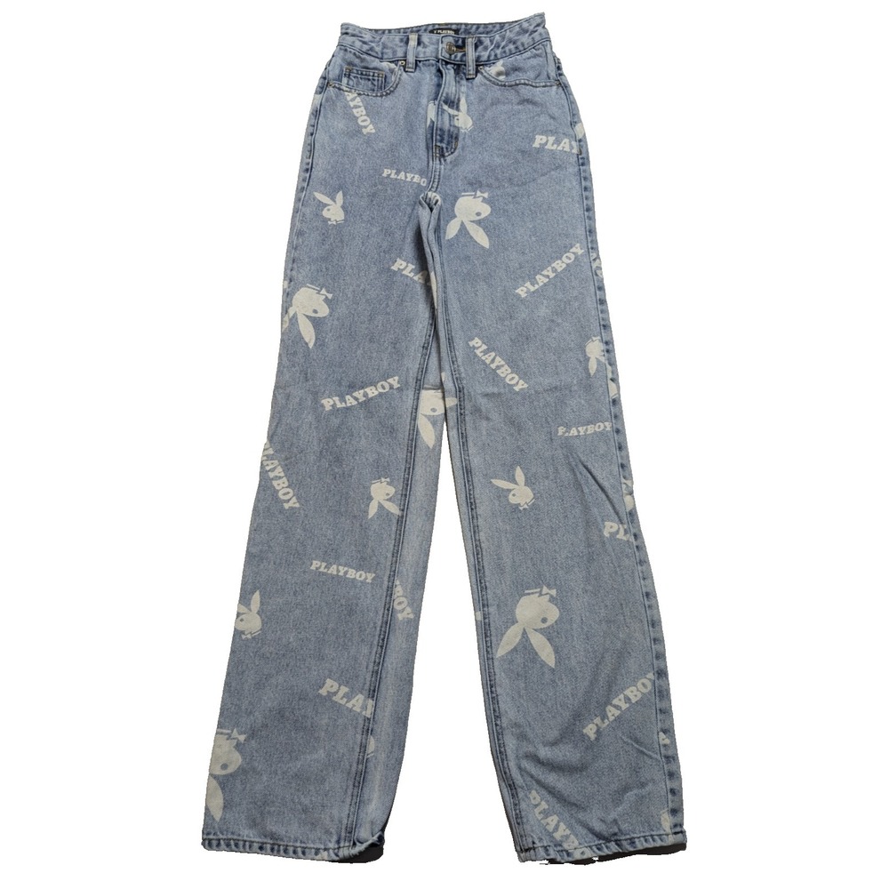 Playboy by Pacsun Women Size 23 Allover Bunny Print 90s Boyfriend Blue Jeans EUC